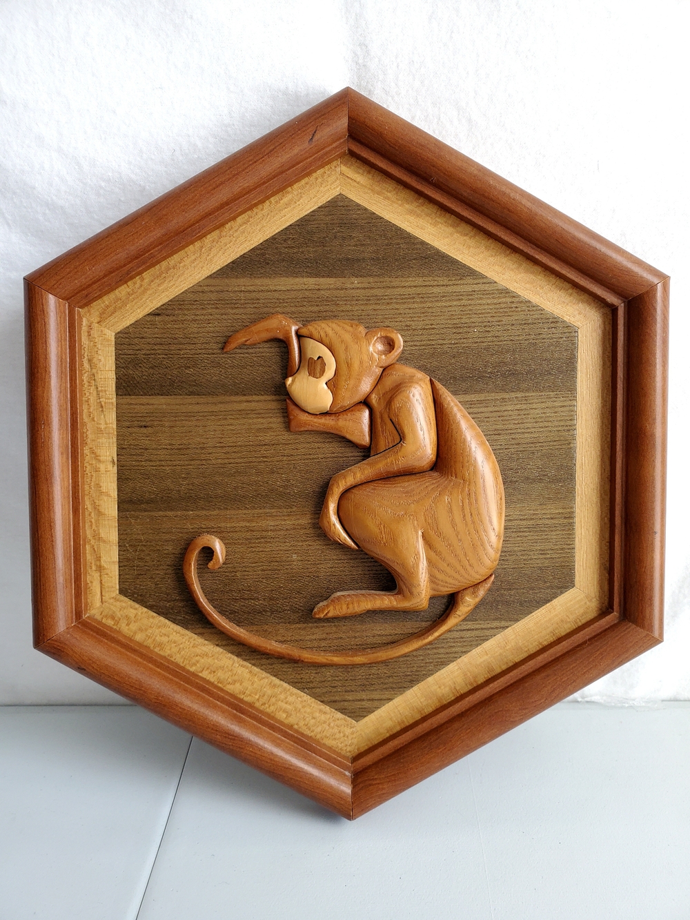 Brown 3 Dimensional Intarsia Wood Monkey Wall Art Retro Boho Handmade Artisan